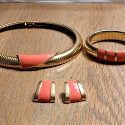 Set Vintage MONET Gold/Orange Enamel OMEGA CHOKER Necklace Bracelet & Earrings 