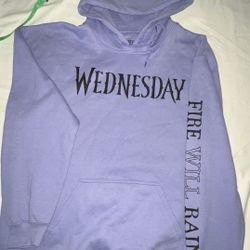 Wednesday Addams Mens Lrg. Purple Hooded Sweatshirt Front Back Sleeve Print NEW