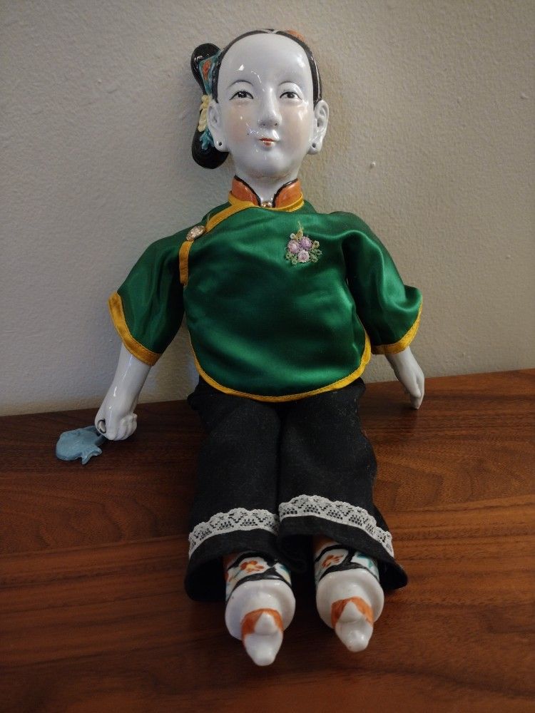 Vintage Antique Asian Porcelain Doll 14" - Holding Fish