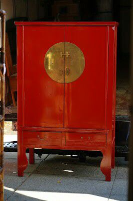 **BARGAIN BUY** #94666 Asian Red Lacquer 24" x 69" x 43.5" Wide Armoire