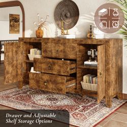 60" Modern High Gloss Burl Sideboard cabinet dresser with Adjustable Shelves, Brown