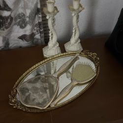 Antique Candles  Holder And Mirror And Brush Set 