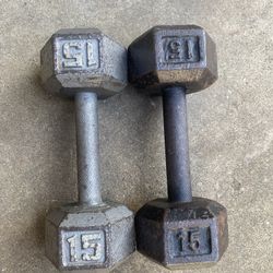 Pair Of 15 LB Hexagon Dumbbells 