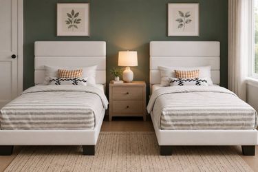 Set of 2pcs Twin Platform Bed Frame with Upholstered Velvet Headboard, White Uph