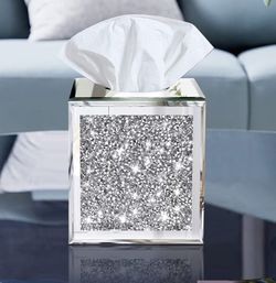 Square Mirrored Tissue Box Cover - Crystal Crushed Diamond Design- New/Open Box