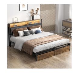 Queen Size Bed Frame with Upholstered Wingback Headboard, Heavy Duty Metal Bed Frame with 2 Storage Drawers, LED Light(6270 Queen)