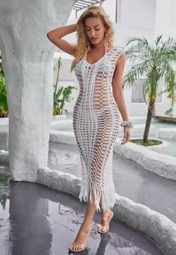 White Crochet Fringe Cover-Up / Duster (Size Large) – Boho Beach