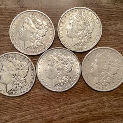 5 Morgan Silver Dollars, (2) 1900 O, 1884, 1889 & 1889 O        90% Silver