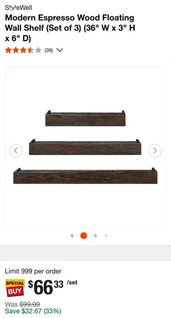 Modern Espresso Wood Floating Wall Shelf (Set of 6)