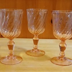 3 Vintage Cristal D'Arques Durand Rosaline Pink Swirl Optic Wine Glasses 