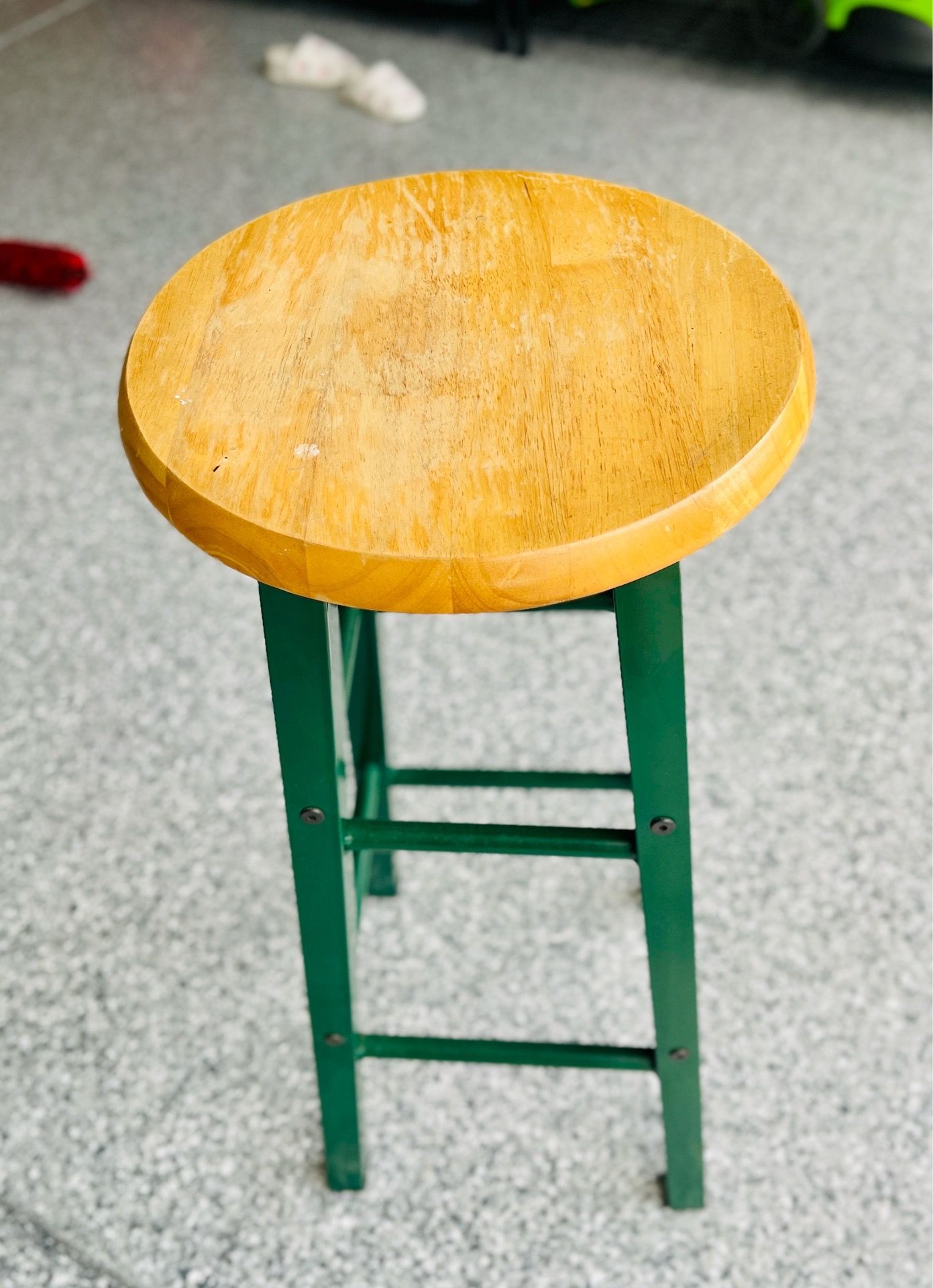 Green metal stool wood seat