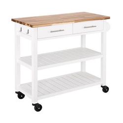 Seville Classics Acacia Top Kitchen Cart | White | 2 Drawers + 2 Shelves