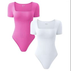 OQQ Women's 2 Piece Bodysuits Ribbed Square Neck Short Sleeve Bodysuits Trendy