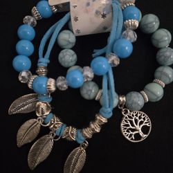 NEW Turquoise & Silver Tone Beaded Bracelet Set
