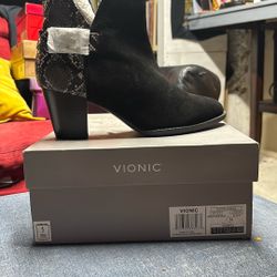 Bionic Naomi Snake Leather Snake, Print, Buckle Ankle, Water Resistant Booties Black