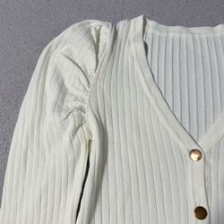 White Ribbed Puff Sleeve Cardigan with Gold Buttons