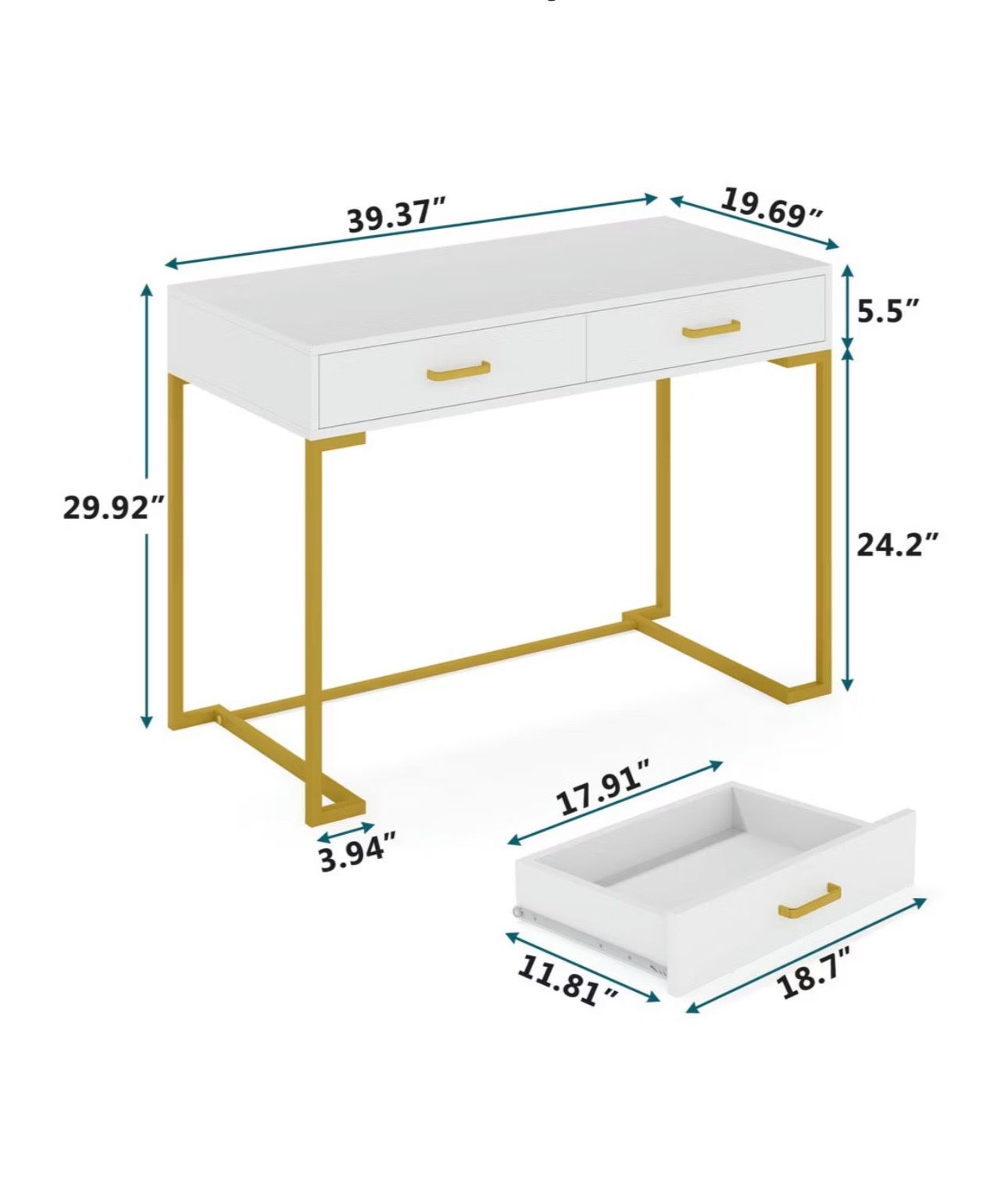 White Vanity or Writing Desk + Gold Legs & Furry Chair
