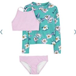 Carters Girls 3 Pcs Longline Bikini Top Rash Guard Bottoms Swimsuit Set Sleeve 4 UPF 50+ Turquoise  Sweet stripes and a longline bikini top give this 