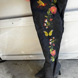 Ladies Over The Knee High Denim Jean Embroidered Boots 