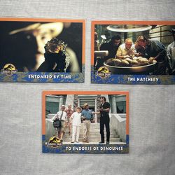 🔥❤️🦖 1993 Jurassic Park (3) Card Lot - Topps Trading Cards - Entombed by Time, The Hatchery and To Endorse Or Denounce 🦖❤️🔥