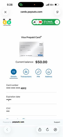 Virtual visa debit card with 50$ asking 25$ cash
