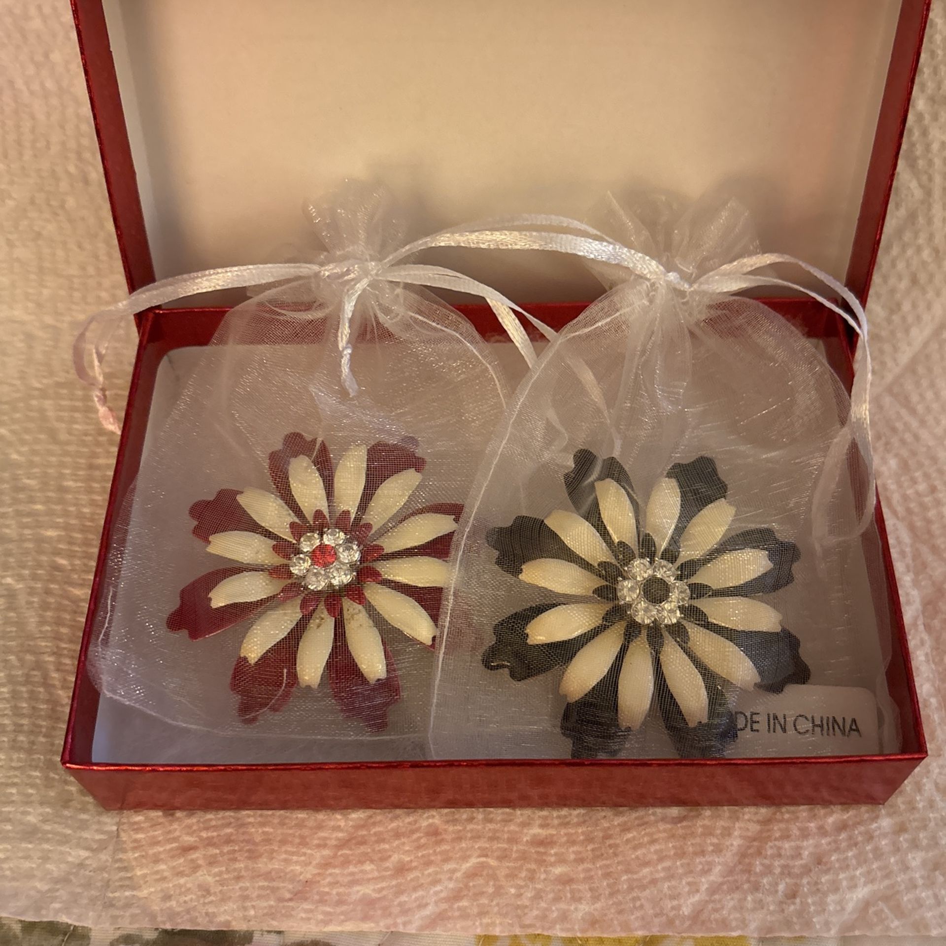 Set Of Two Vintage Enamel Poinsettias Brooch Pins