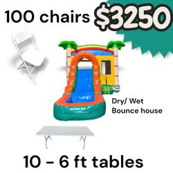 Starter Pack Package Bundle Includes Bounce House Wet/Dry, 100 plastic chairs & 10 of the 6 ft tables brand new $3250