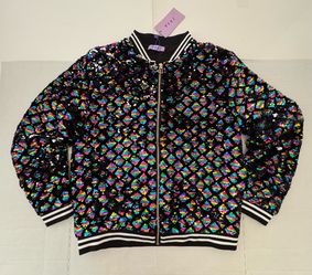 NWT  Yiyi  Sequin Bomber Jacket  Full Zip  Diamond Rainbow  Black  Unisex  Size Small