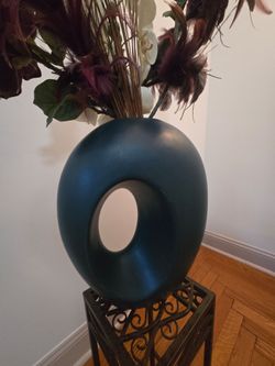 Modern Matte Deep Turquoise Ceramic Donut Vase & Faux Flowers ($30)