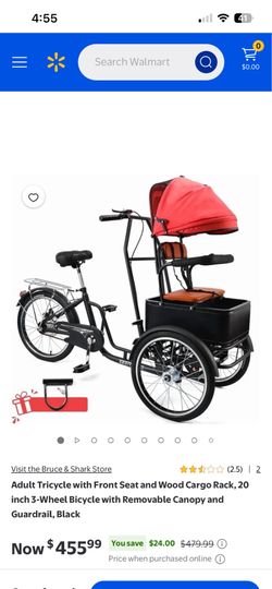 Adult Tricycle with Front Seat and Wood Cargo Rack, 20 inch 3-Wheel Bicycle with Removable Canopy and Guardrail, Black