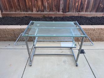 Glass and Metal Computer Desk with Pull-Out Tray