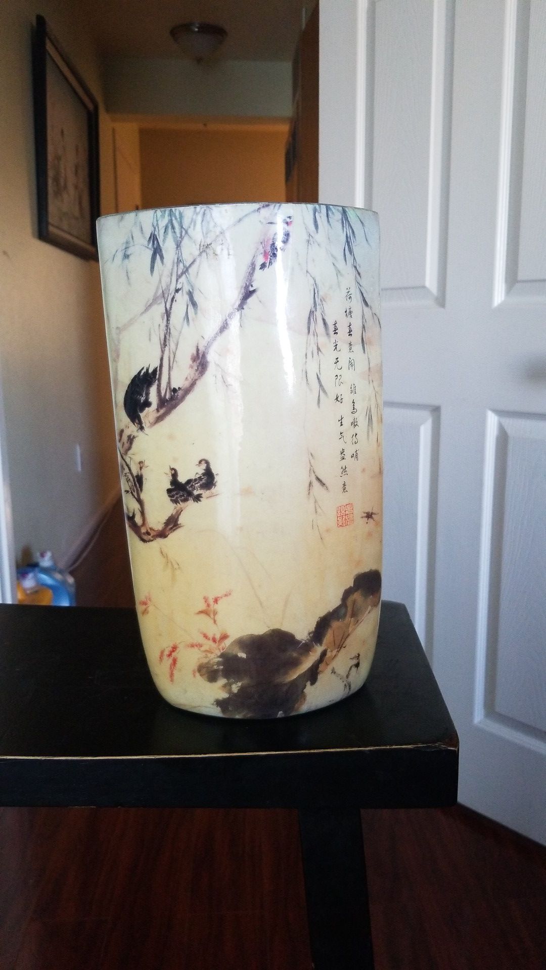 Chinese antique enamel painted porcelain vase. Chinese poem writing on the front and stamped. Very colorful with mama bird and her chicks.