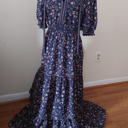 Size Large Nordstrom Max Studio Long Navy Blue Short Sleeved Summer Dress with Floral Design, Smocked Cinched Pleated Waist and Long Flowing Skirt. Pr