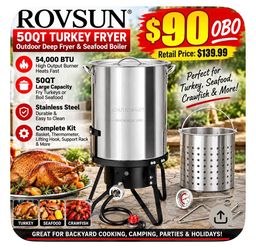 ROVSUN 50QT Turkey Fryer with 54,000BTU Propane Stove, Stainless Steel Outdoor Deep Fryer & Seafood Boiler Steamer with Basket, Thermometer, Lifting H