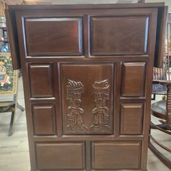 Vintage Wood Bar Mayan Aztec Style, Cabinet, Shelves, Small Enough for Apartments, Nice
