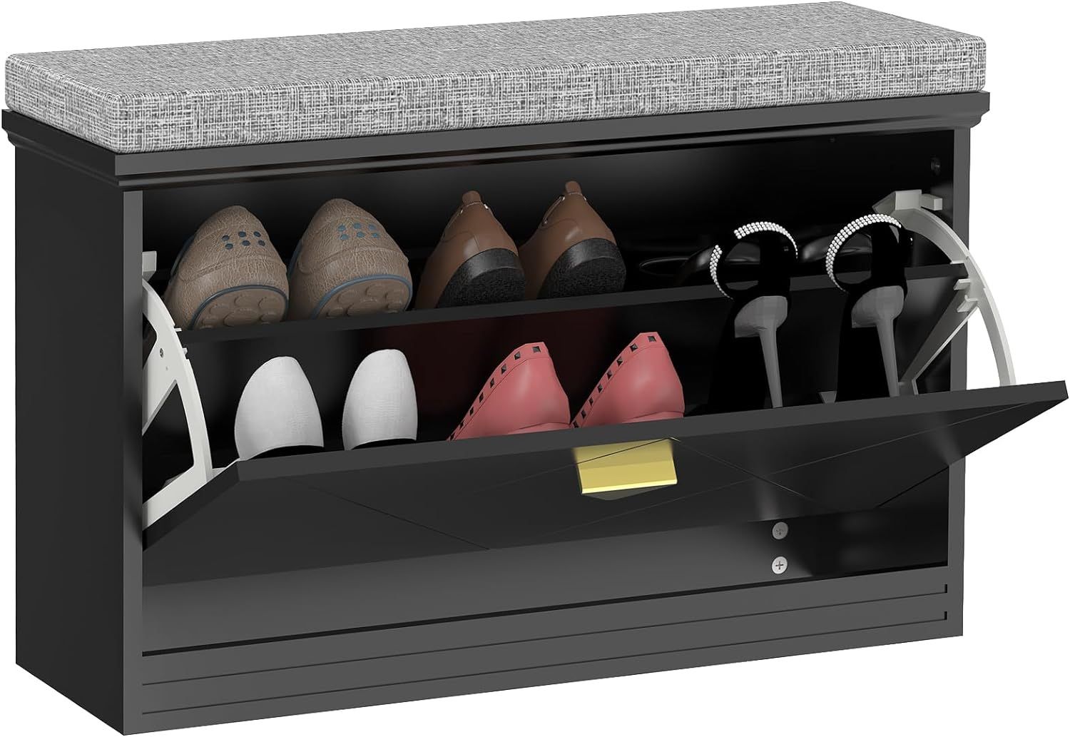 joibabe Shoe Cabinet with Flip Drawers, Shoe Bench with Removable Cushion, Free Standing Tipping Bucket Shoe Rack Organizer with Adjustable Shelf, Sho