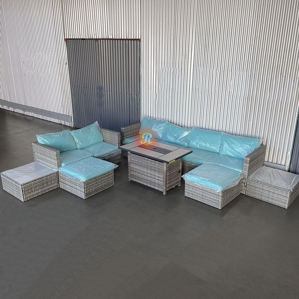 11pc Outdoor Patio Furniture Sectional With Fire Pit Table