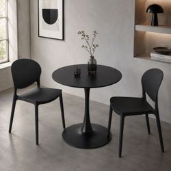 Black Minimalist Modern Dining Set: 31.5" Black Round Tulip Base Dining Table + 2 Blk PPP Dining Chairs [NEW]  [Table Req. Assembly]
