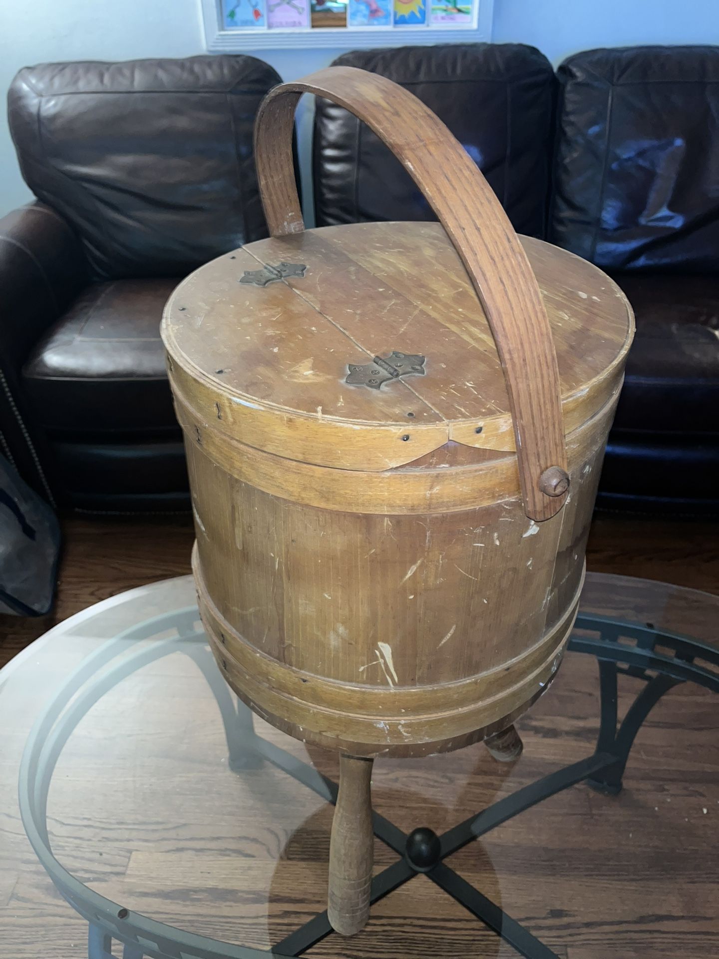 Sewing Basket Bucket Vintage Wood Firkin Stand 3 Legs Tripod Primitive holder