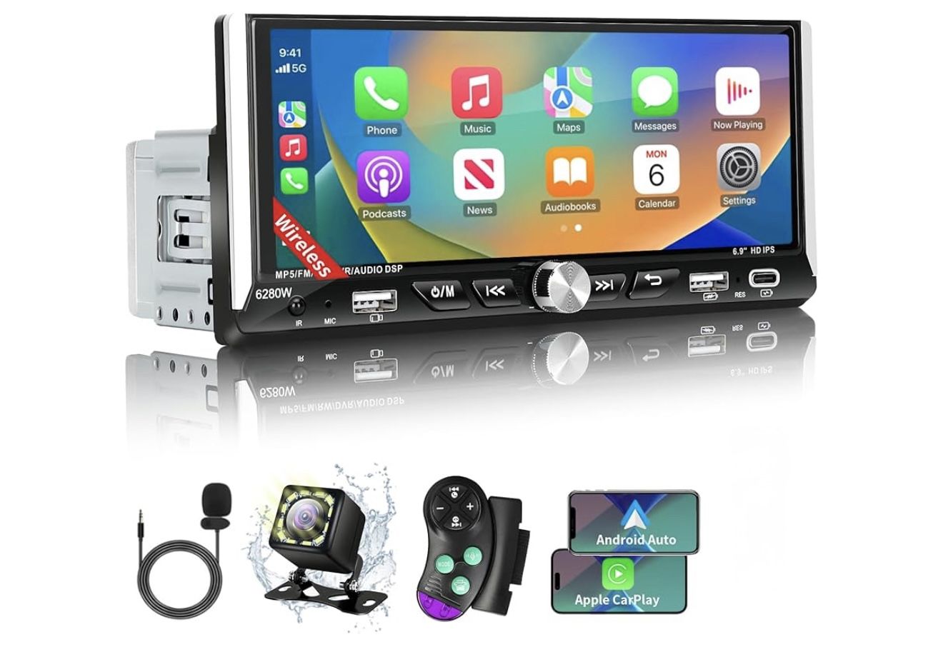 Single Din Touchscreen Car Stereo with Wireless Apple Carplay Android Auto, 6.9" HD IPS Touch Screen Car Stereo with Bluetooth 5.2, Mirror Link, Backu