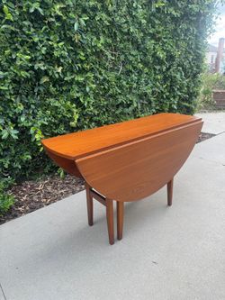 Vintage Mid-Century Modern Round Teak Drop-Leaf Dining Table