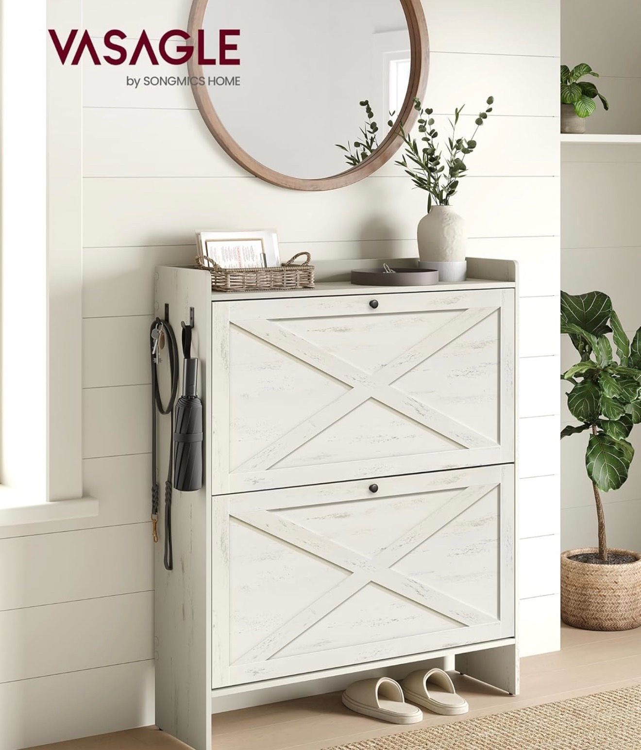 Shoe Storage Cabinet Organizer with 2 Flip Drawers, Freestanding Narrow Shoe Rack Cabinet for Entryway, Farmhouse Style, Fits 14 to 16 Pairs, Rustic W