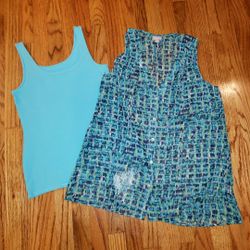J. Jill Blue Teal Patterned Sleeveless Top with Aqua Perfect Tank Size: S