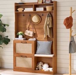 78in Boho Hall Tree With Bench Shoe Storage 4-in-1 Mudroom Coat Rack Rattan