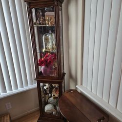Lighted Cherry Wood Mirrored Curio Cabinet Display Case