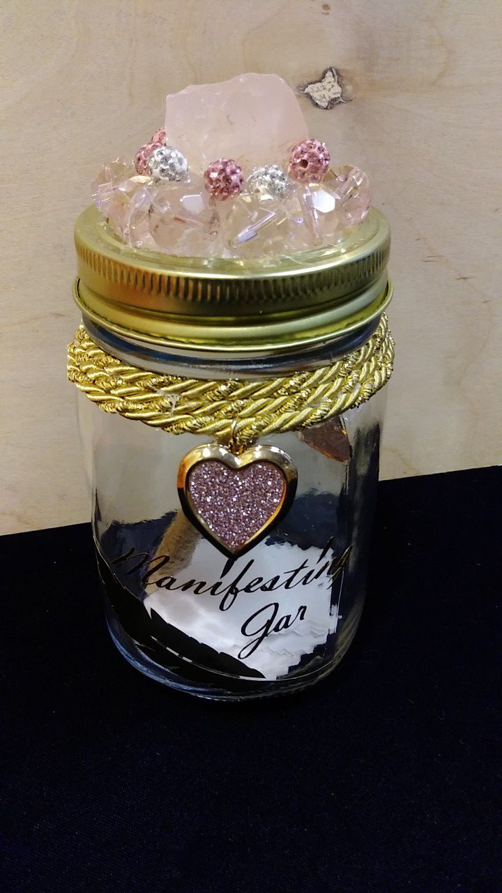 Manifesting dream wishing Law of Attraction jar with rose quartz crystal