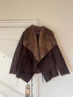 Women’s Brown Faux Shearling Open Front Coat Size 14