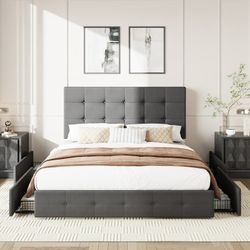 Queen Size Platform Bed Frame with Square-stitched Headboard and 4 Drawers, Dark Gray