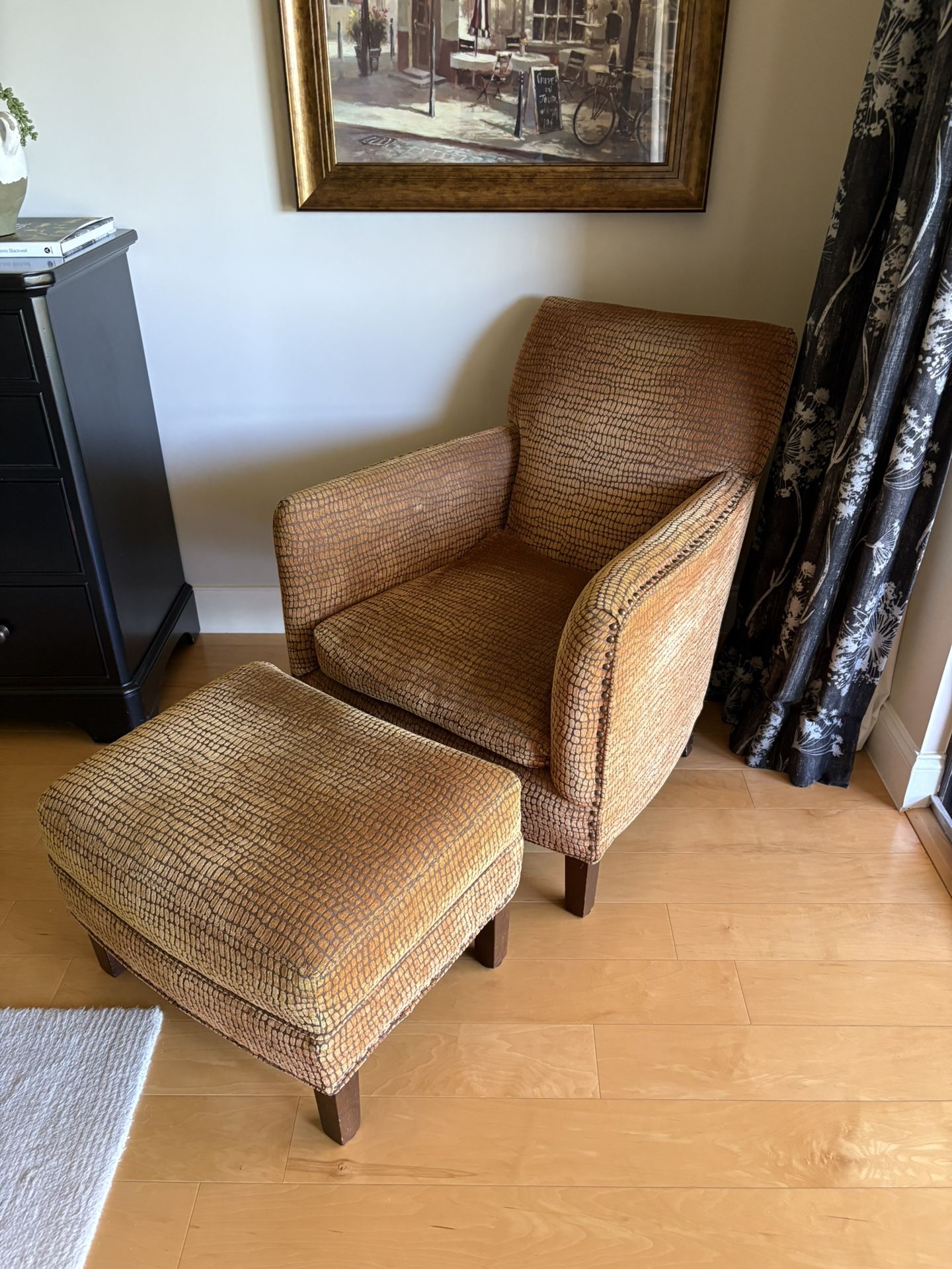 🪑 Upholstered Chair & Ottoman Set – Good Condition