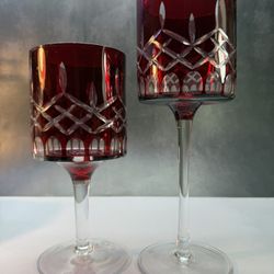 Set of beautiful rare tall/large Bohemian Crystal Red cut to Clear candle holders. Votive to short pillared candles.